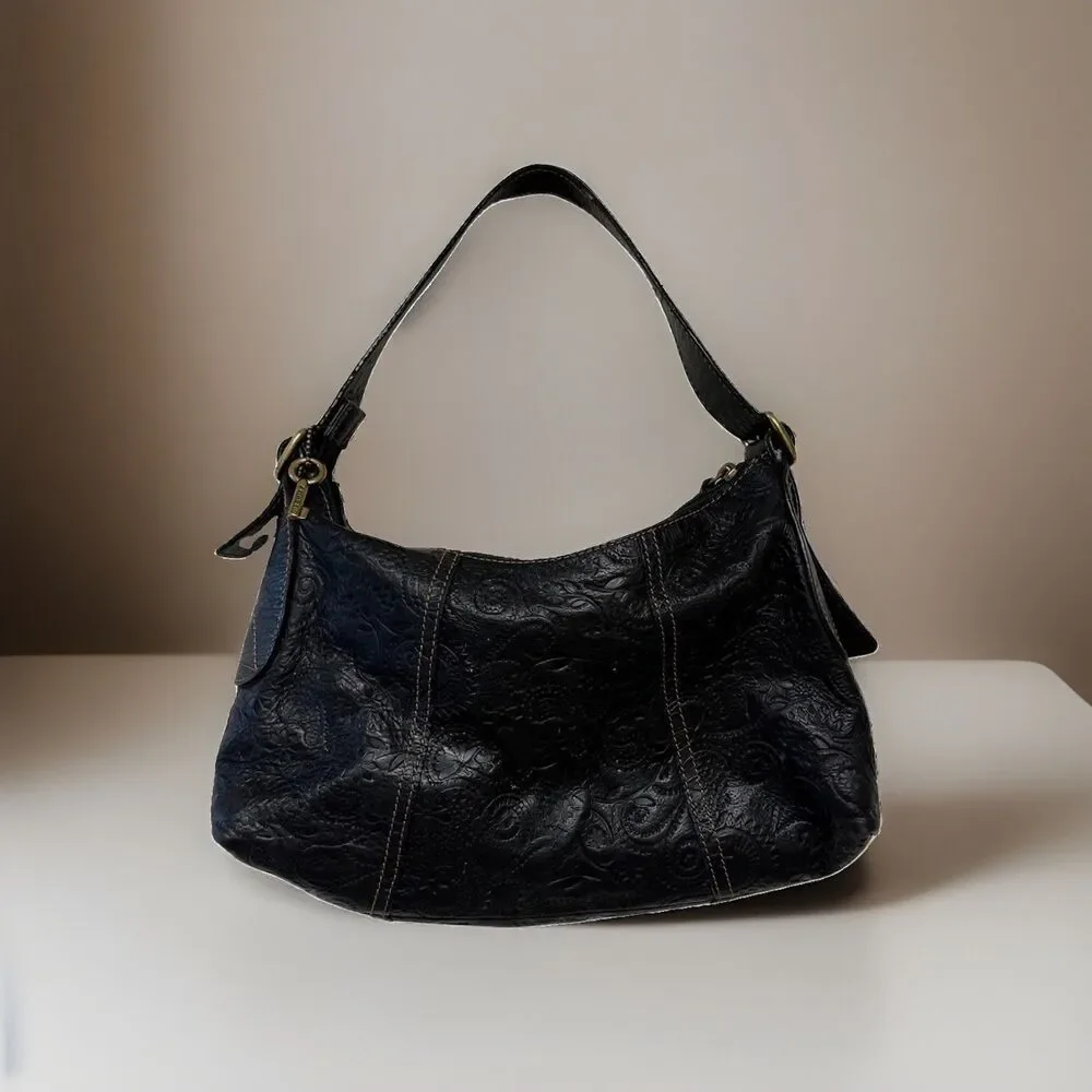Fossil Black Tooled Leather Hobo Shoulder Bag Floral Embossed Brass Hardware